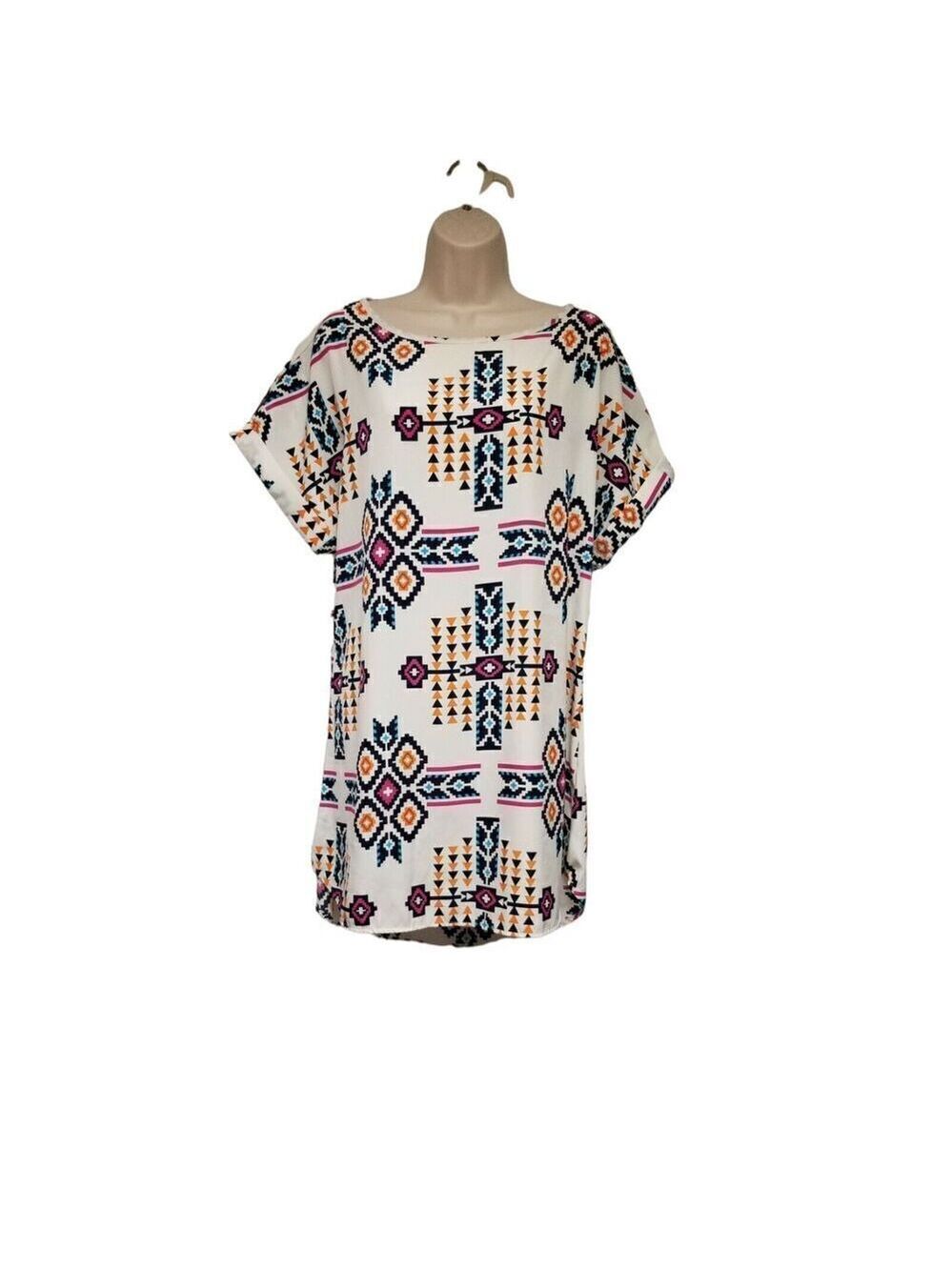 Audition Fashions Round Neck Short Sleeve Multi-Color Casual Shirt Dress Size L